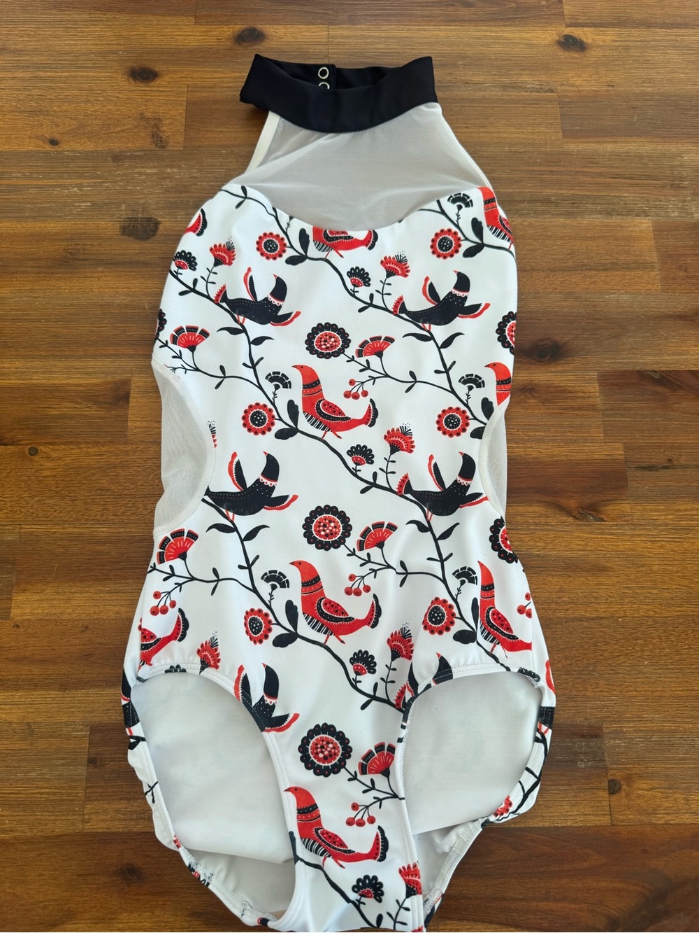 Eleve Dancewear White One-Piece with Red & Black Bird Print